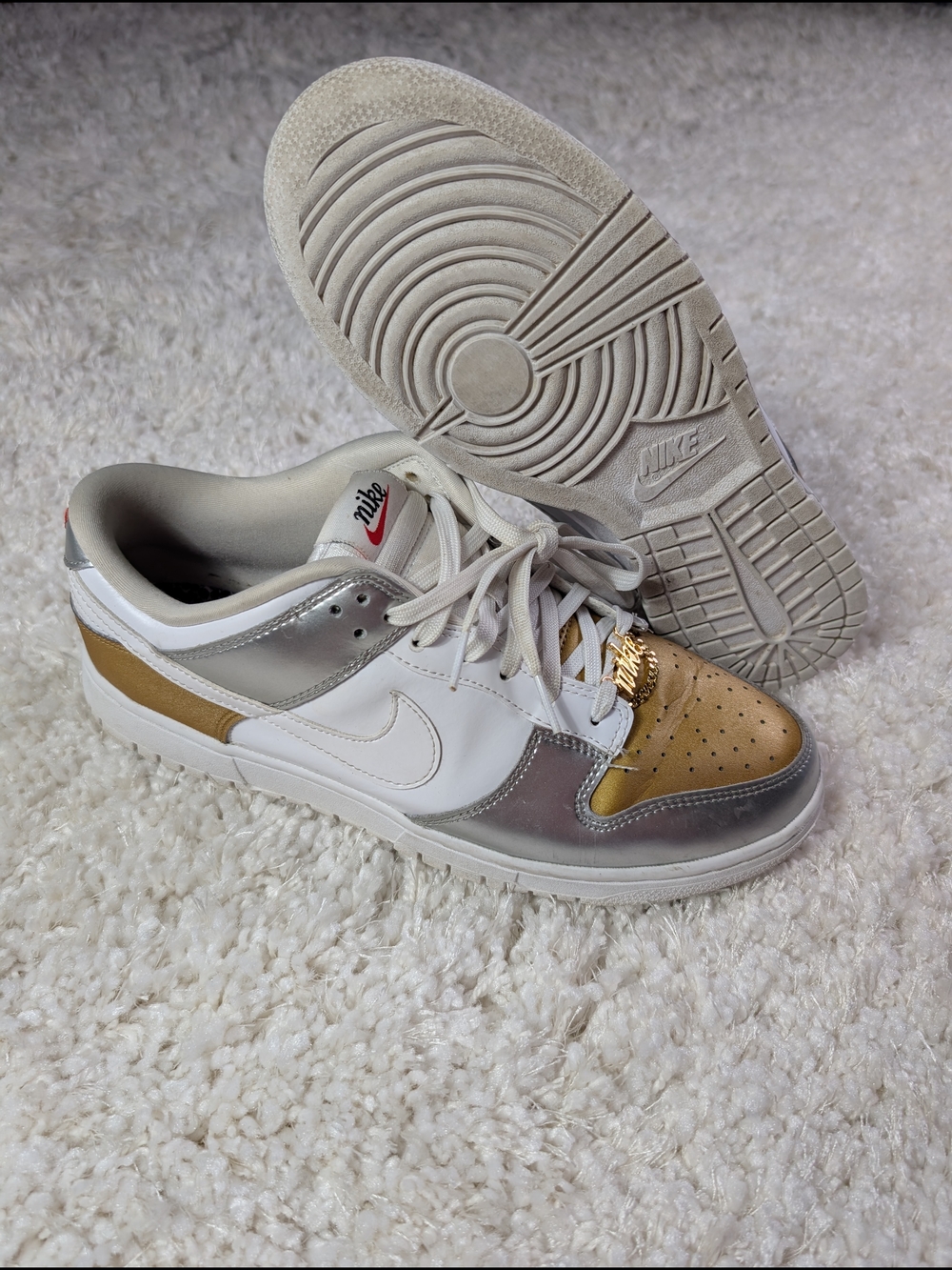 Nike Dunk Low Women’s Sneakers in White, Gold & Silver